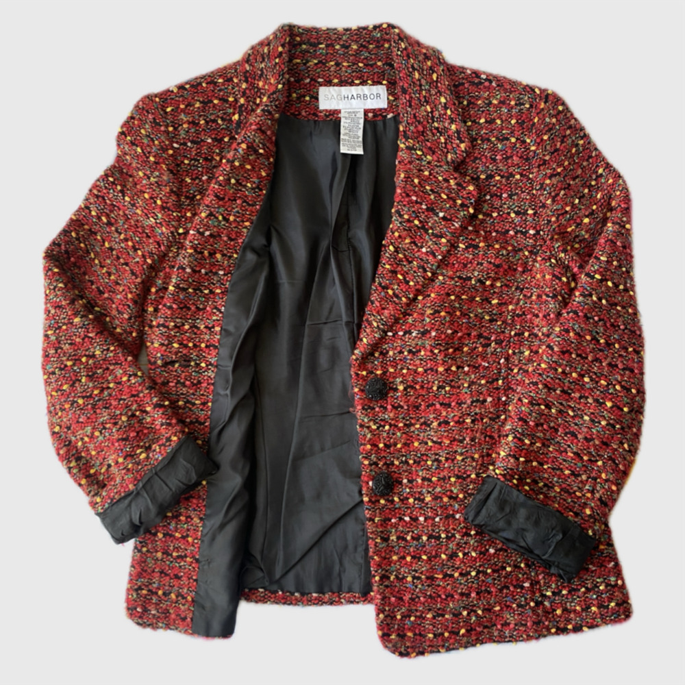 Vintage 90s Red Multicolor Blazer Boucle Tweed Preppy Whimsy Eclectic Jacket M